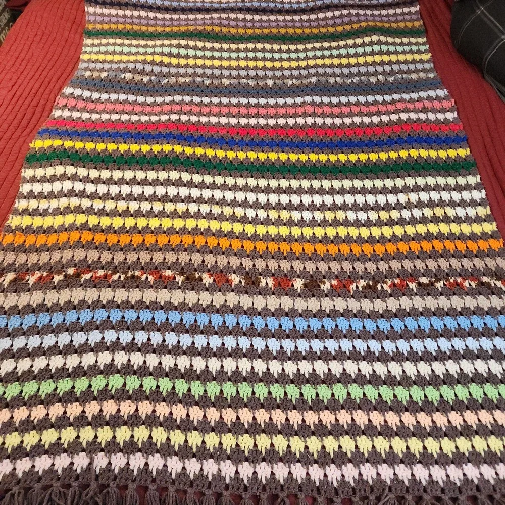 Handmade Crochet Striped Afghan Throw Blanket Multi Color Boho Tassel 75in